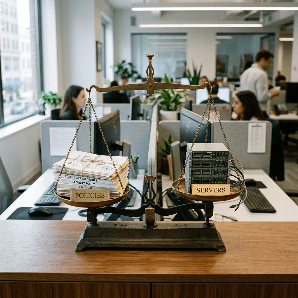 Balance scale with piles of policy documents on one side and computer servers on the other in an office
