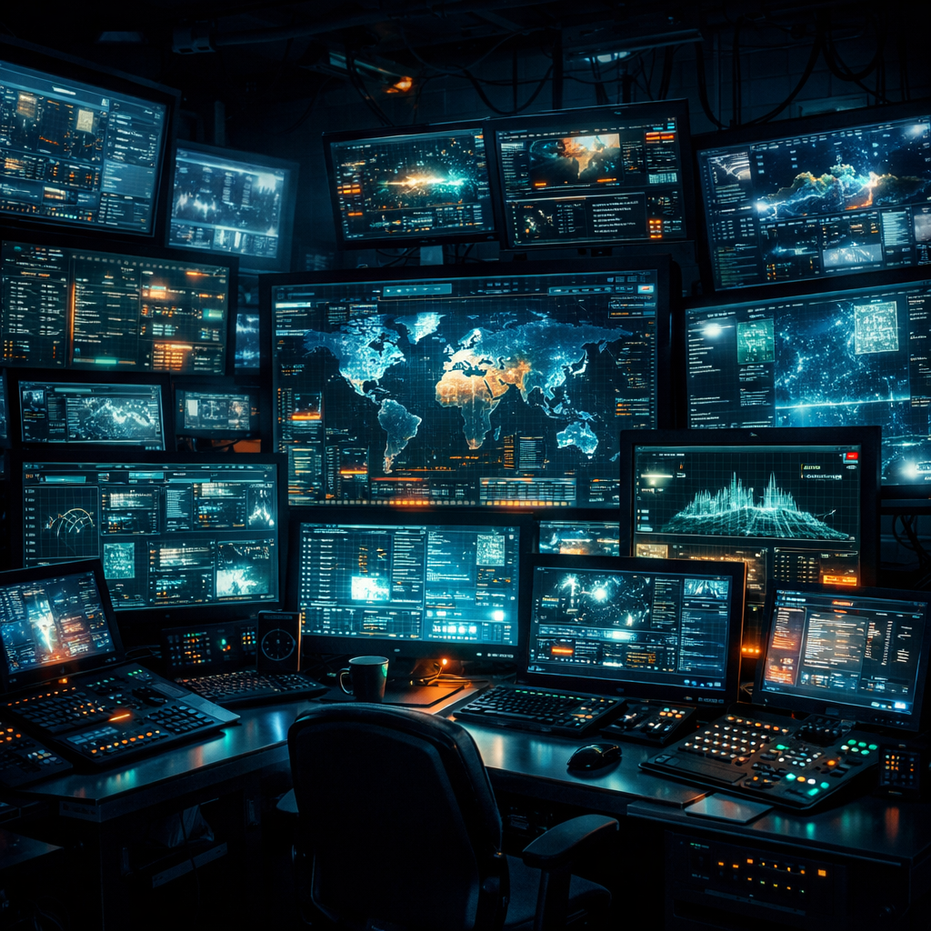 Control room with numerous monitors showing world maps and data analytics